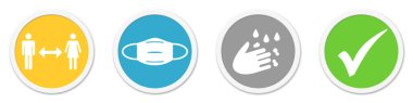 Beyaz çerçeveli 4 yuvarlak renkli izolasyon düğmeleri: Mesafenizi koruyun, Yüz maskesi takın ve ellerinizi yıkayın