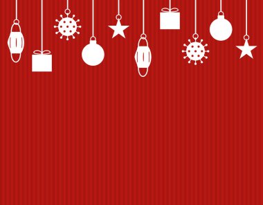 Kırmızı çizgili Noel kartı arkaplanı beyaz noel ve koronavirüs süslemesi