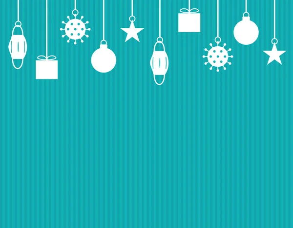 白いクリスマスとコロナウイルスの装飾と青ストライプクリスマスカードの背景 — ストック写真