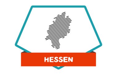 Mavi çerçeveli ve kırmızı pankartlı düğme Alman Federal Eyaleti Hessen 'in çizgili haritasını gösteriyor