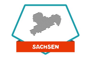 Mavi çerçeveli ve kırmızı pankartlı düğme Alman federal eyalet Saksonya haritasını gösteriyor