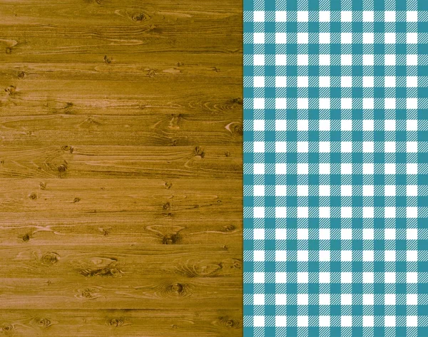 Fundo de madeira tradicional com toalha de mesa turquesa — Fotografia de Stock