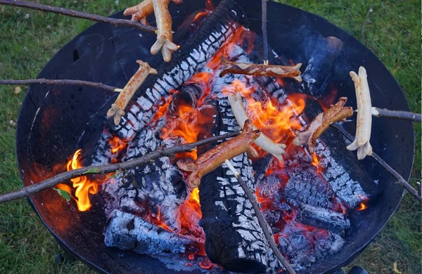 Sosis Barbekü ve kamp ateşi bir yangın kase