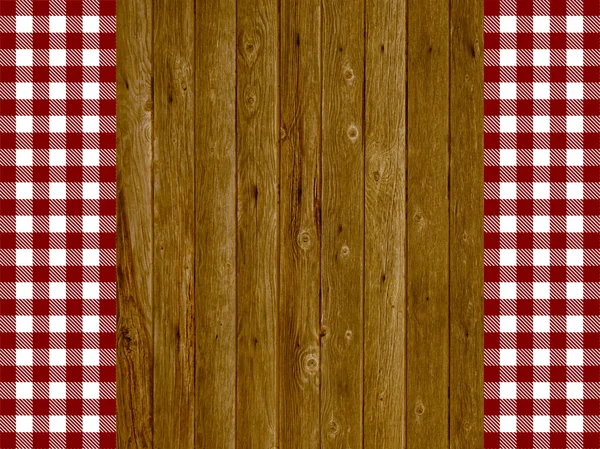 Holzdielen mit Vintage-Tischdecke rot weiss — Stockfoto