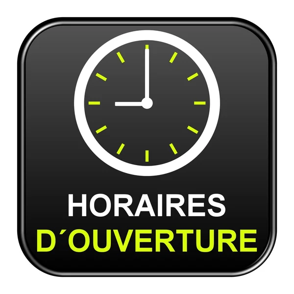 Botão preto mostrando tempos de abertura em francês — Fotografia de Stock