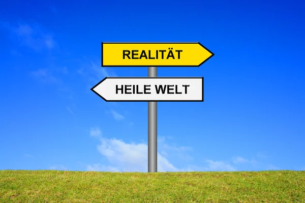 Signpost showing perfect world or reality in german — Stock Photo, Image