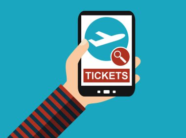 Düz Tasarım İllüstrasyon - Kişi Holding Smatphone: Arama Uçuş Biletleri