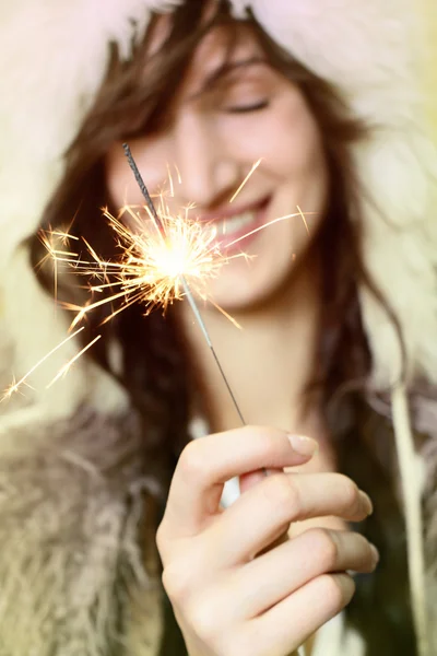 Cheerful Woman Holding Chrismtas Sparkler — Stock Photo, Image