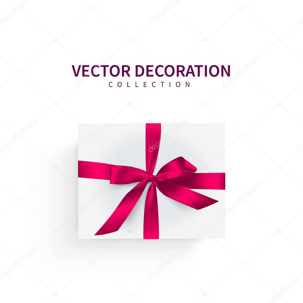 Vector illustration, gift. Festive box with red bow ribbon.