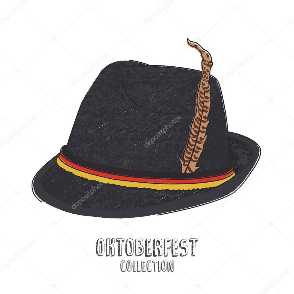 vector flat hand drawn illustration. Oktoberfest party hat. Traditional German felt hat.