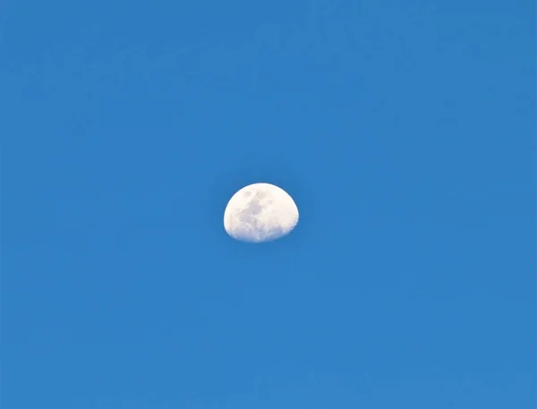 Shot of a half moon on a clear afternoon, with blue sky, can see the patterns on the surface of the moon.