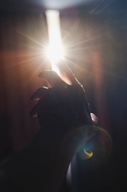 Perdelerin arasından ışık şeridine uzanan bir elle çekilmiş resim. Arkaplan ışığı ve röfleli bulanık görüntü. Karanlıktan aydınlığa.