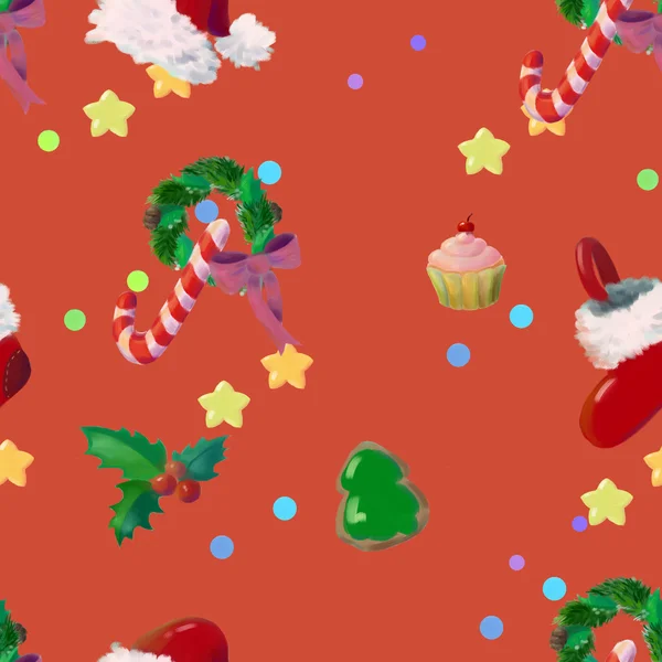 Röd jul seamless mönster med julartiklar — Stockfoto