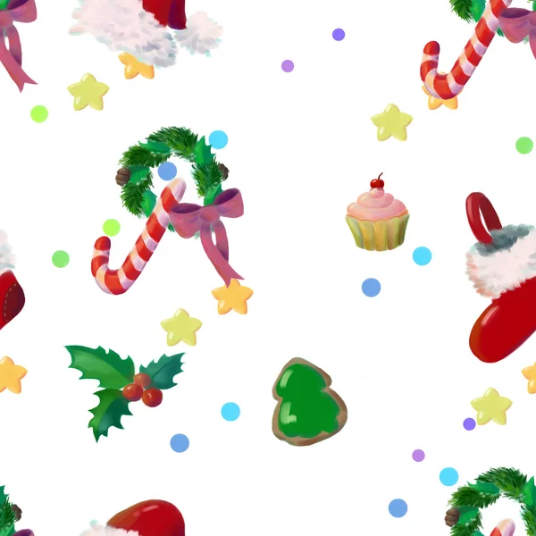 White Christmas seamless pattern with Christmas items — Stock Photo, Image