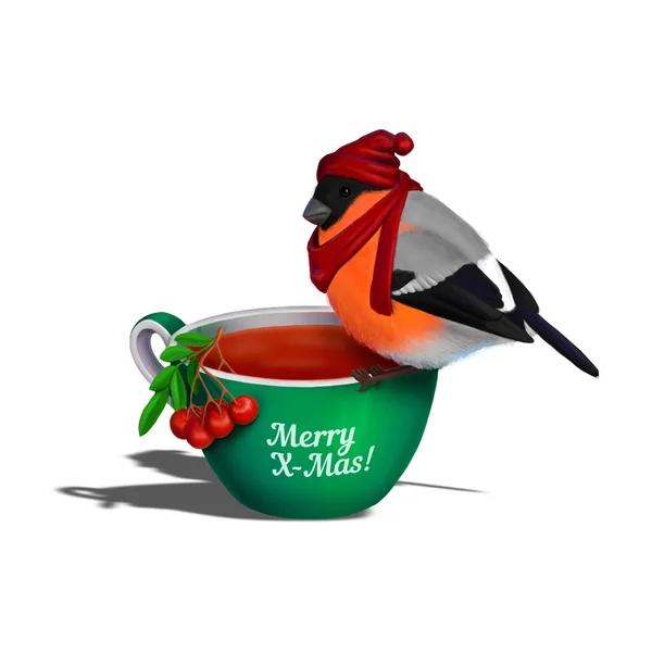 Holiday jul illustration med kopp varmt te, rowan berry och domherre i varmt hatt — Stockfoto