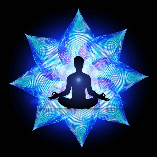 Omul Meditează Întuneric Negru Fundal Abstract Yoga Ray Fascicul Meditația — Vector de stoc