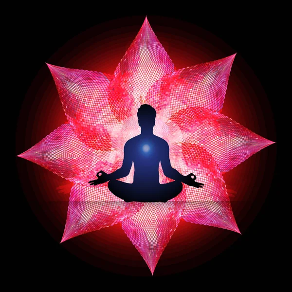 Mann Meditieren Dunkelschwarzen Abstrakten Hintergrund Yoga Strahl Balken Buddhistische Hindu — Stockvektor
