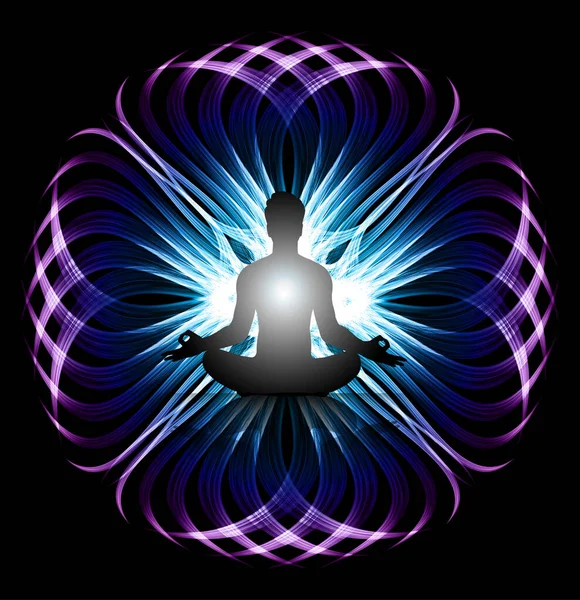 Mann Meditieren Dunkelschwarzen Abstrakten Hintergrund Yoga Strahl Balken Buddhistische Hindu — Stockvektor