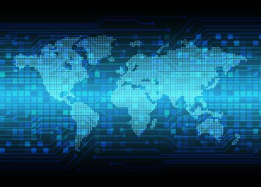 Dünya ikili devre kartı gelecek teknolojisi, mavi hud siber güvenlik kavramı arka planı