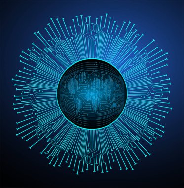 Dünya ikili devre kartı gelecek teknolojisi, mavi hud siber güvenlik kavramı arka planı
