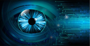 Bilgisayarın arka planında ikili kod olan mavi göz