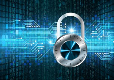 İkili kodlu ve kilitli bir bilgisayar devre kartının dijital illüstrasyonu