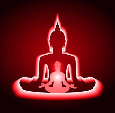 Buda ile meditasyon silueti ve lotus pozunda meditasyon.