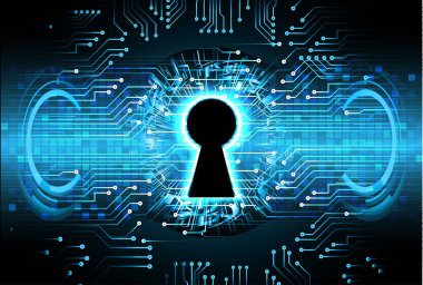 Siyah arkaplanda asma kilitli devre kartı ve ikili kod