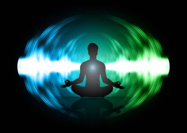 Nilüferde meditasyon yapan bir adamın silüeti siyah arka planda poz verir.