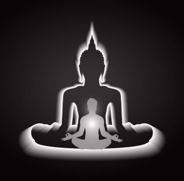 Buda 'yla meditasyon silueti ve Lotus pozisyonunda meditasyon.