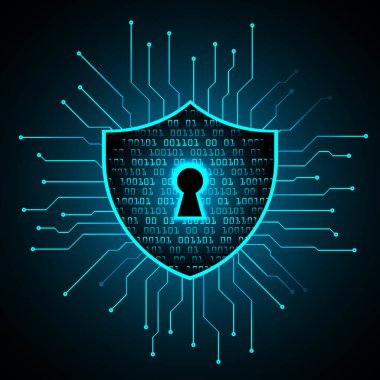 Siber güvenlik kavramı ve kalkan arka planında asma kilit. vektör illüstrasyonu