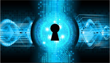 Mavi zemin üzerinde asma kilit ve anahtar olan dijital güvenlik kavramı