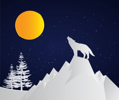 Aylı ve yıldızlı gökyüzü olan bir dağ manzarasının vektör çizimi