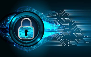 Asma kilit ve devre kartı olan bir siber güvenlik sisteminin 3D görüntülenmesi