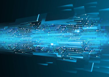 Parlak ışık ve koyu mavi arka planı olan devre kartı. 3d oluşturma