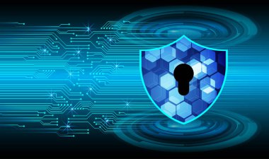 Siber güvenlik kavramı. Ekranda asma kilit olan yeşil kalkan