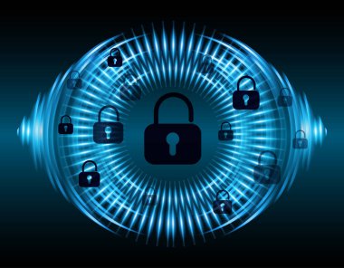 Siyah arkaplanda asma kilit ve kilit olan siber güvenlik kavramı