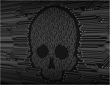 Kafatası ve kemikli devre kartı