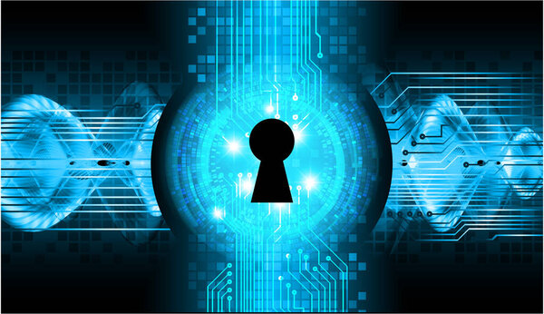 Цифровая концепция безопасности с замком и ключом на синем фоне