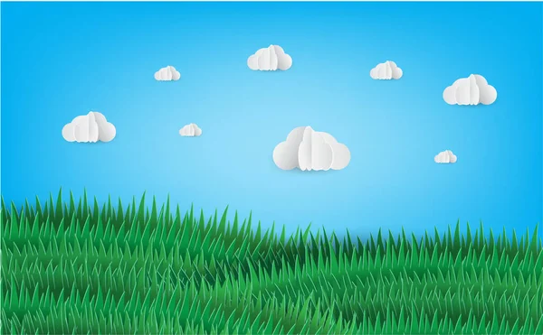 Vektor Illustration Blå Himmel Med Moln Och Gräs — Stock vektor