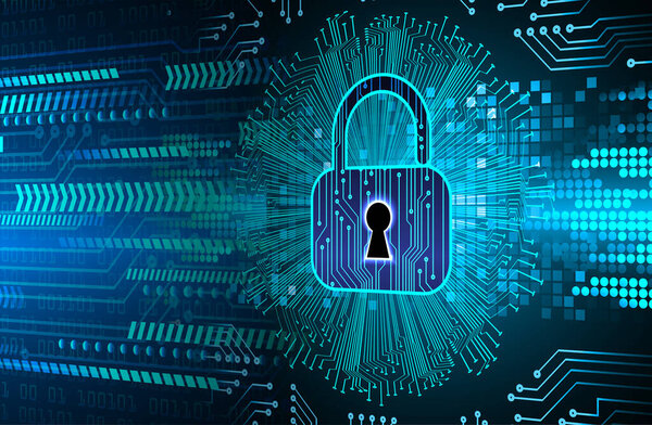 Закрытый замок на цифровом фоне, кибербезопасность