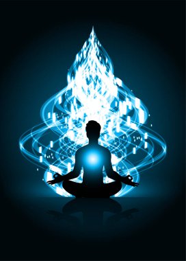 Mavi arka planda nilüfer çiçekli meditasyon silueti
