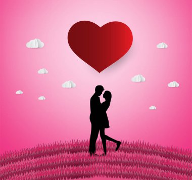 Kırmızı kalp arka planında çift silueti olan Sevgililer Günü kavramı