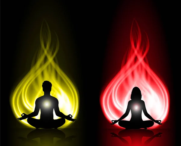 Meditierende Männliche Und Weibliche Silhouetten Lotusposition — Stockvektor