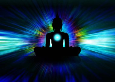 Buddha silueti lotus pozisyonunda meditasyon yapıyor.