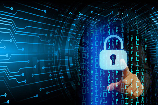 Закрытый замок на цифровом фоне, кибербезопасность