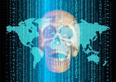 Küresel ağ ve ikili kodlara ve dünya haritası arka planına sahip bilgisayar küresi