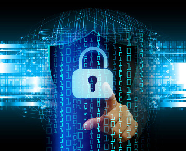 Закрытый замок на цифровом фоне, кибербезопасность