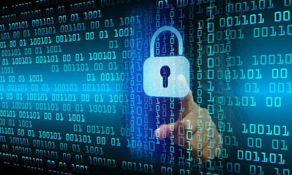 Закрытый замок на цифровом фоне, кибербезопасность
