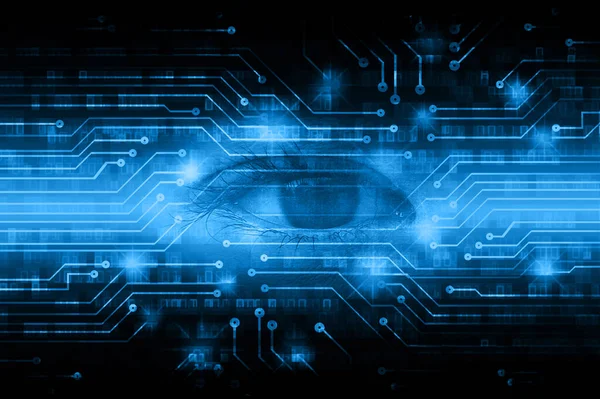 Teknoloji arka planı ve gözü olan mavi devre kartı